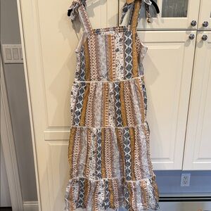 Lucky Brand White Maxi Dress with Mustard & Gray Stripe Print